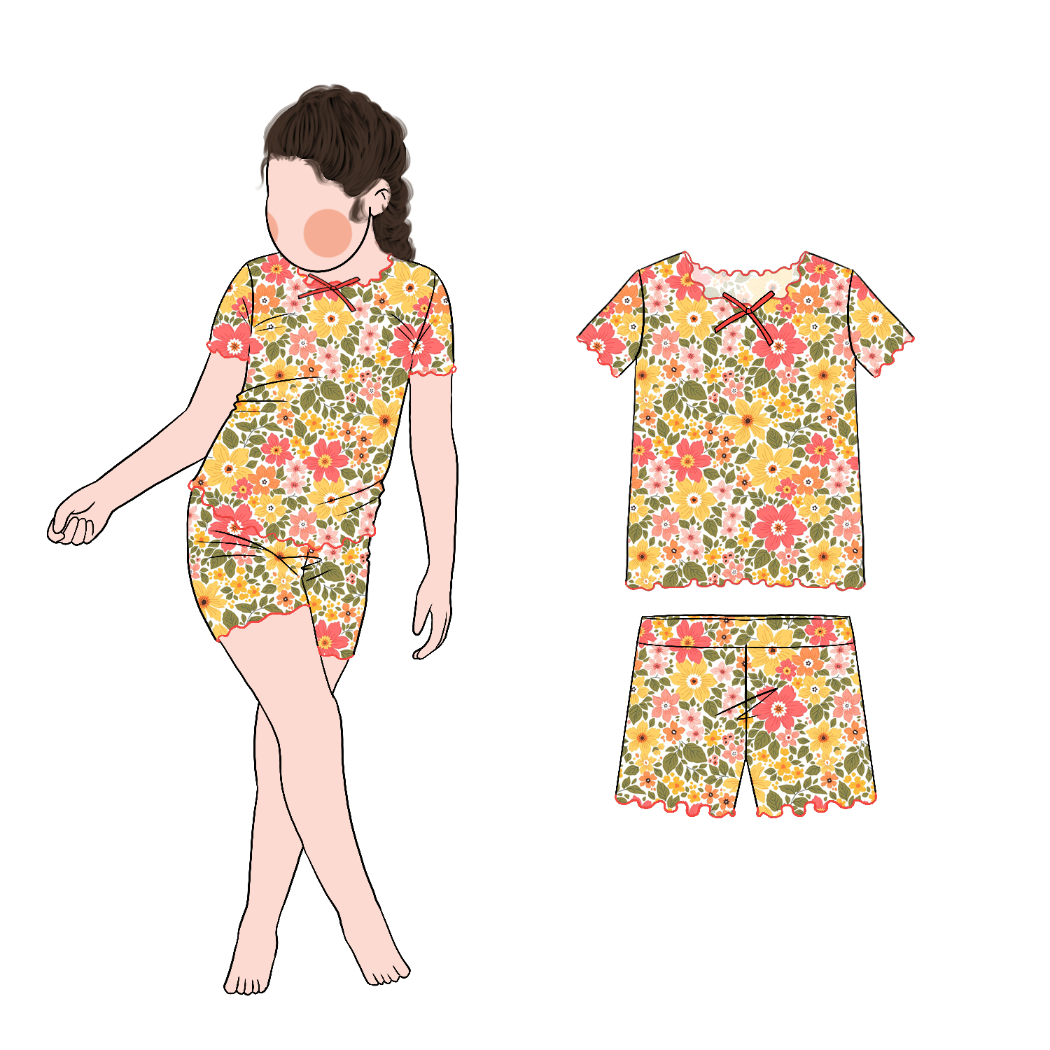 New Model Little Girls Floral Overlocked Edge 2pc Set Short Sleeves and Shorts 2 Piece Summer Clothing - Image 5