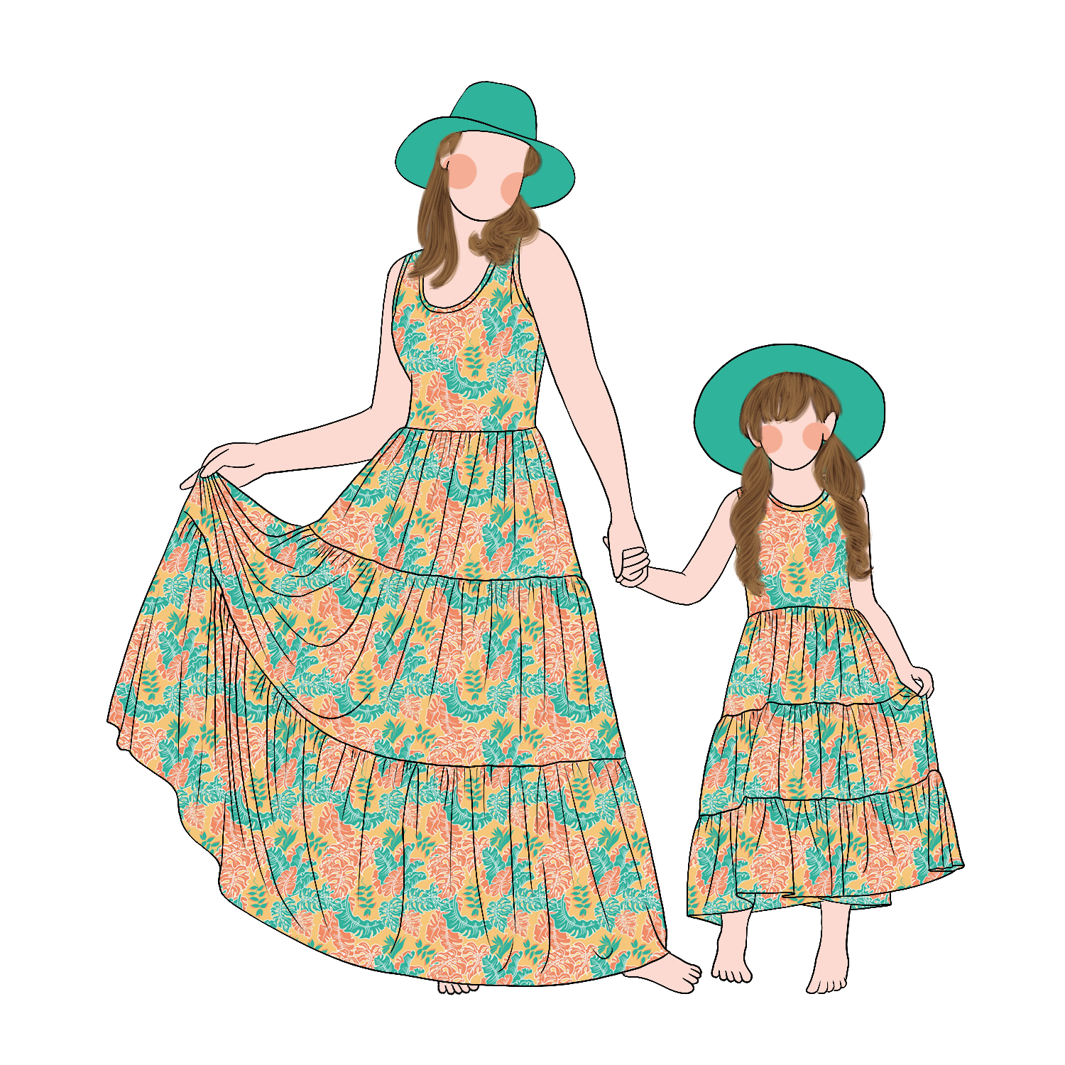 Custom Vintage Printed Sleeveless Mommy and Me Summer Holiday Twirl Maxi Dresses Family Daily Dress Set - Image 4