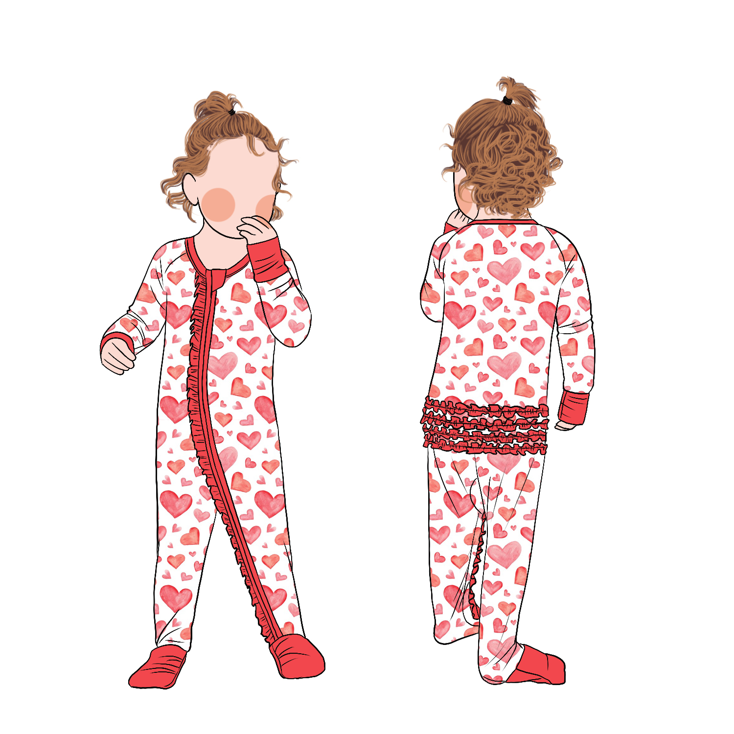 Red Color Heart Printing Bamboo Children Convertible Ruffle Pajamas for Toddler Baby Girls