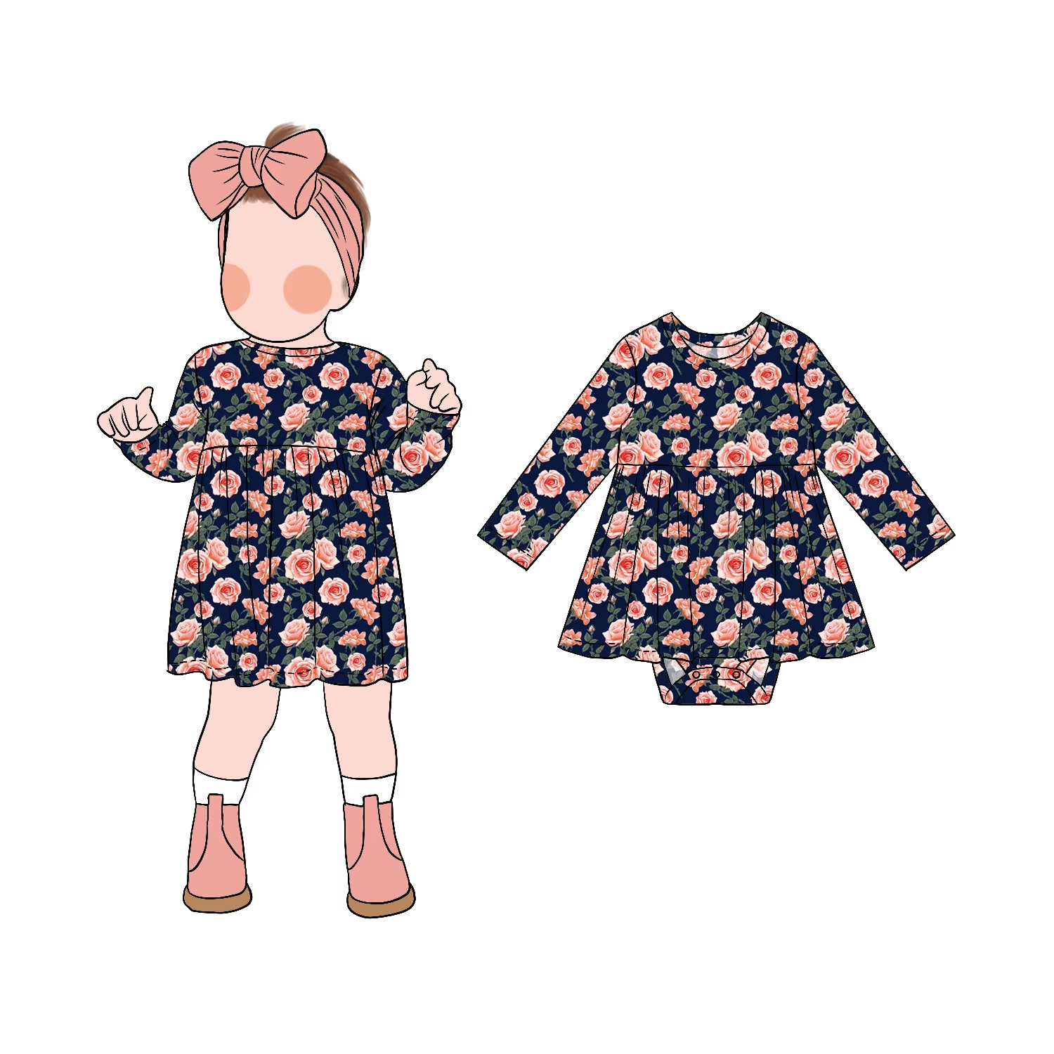 Hot Selling Personality Simple Flower Pattern Long Sleeve Girls Skirted Roper with Snap Buttons Suitable for Daily Dressing - Image 5