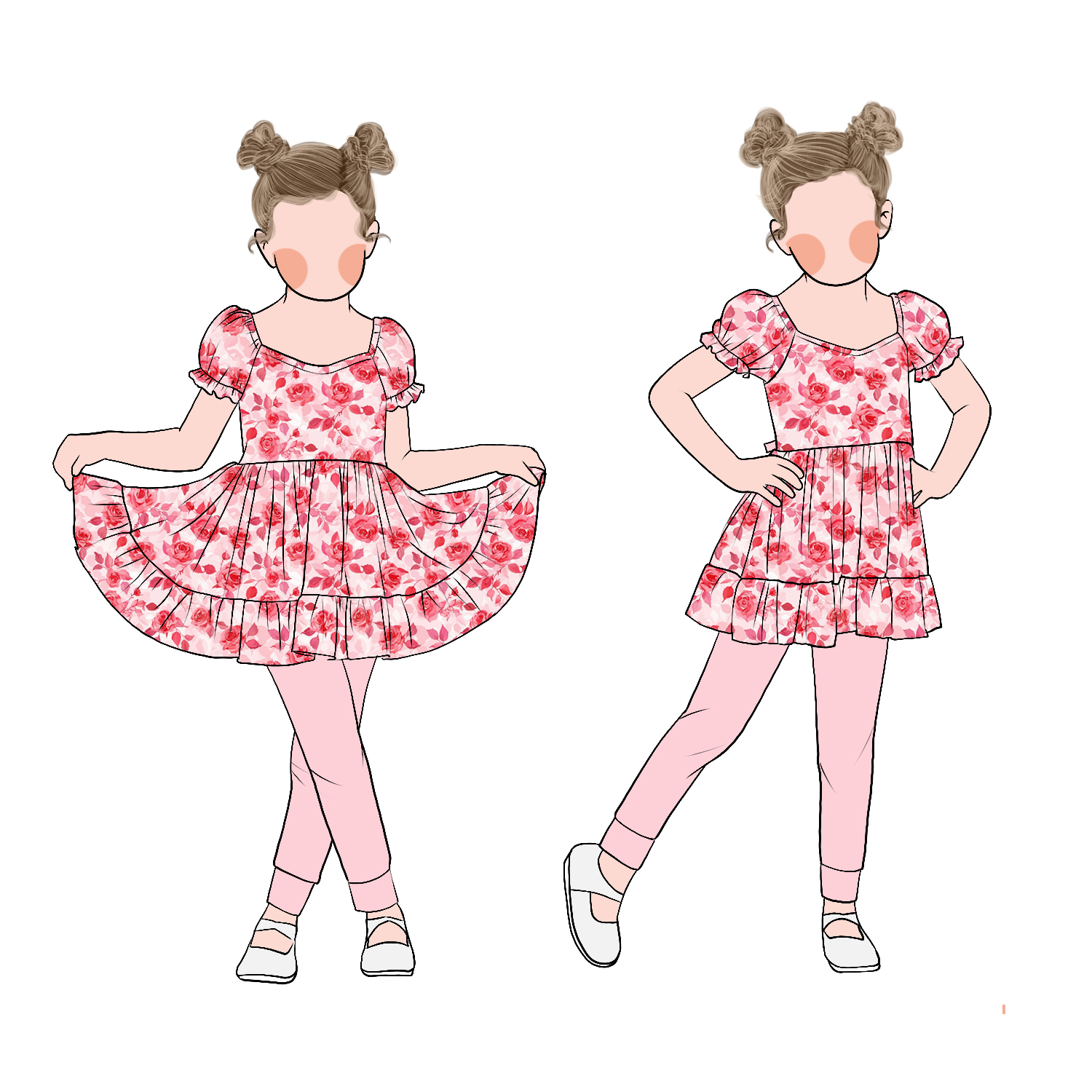 Sweet Candy Style Cute Cartoon Print Summer Floral Puff Sleeves Twirl Dress Matching Solid Leggings - Image 2