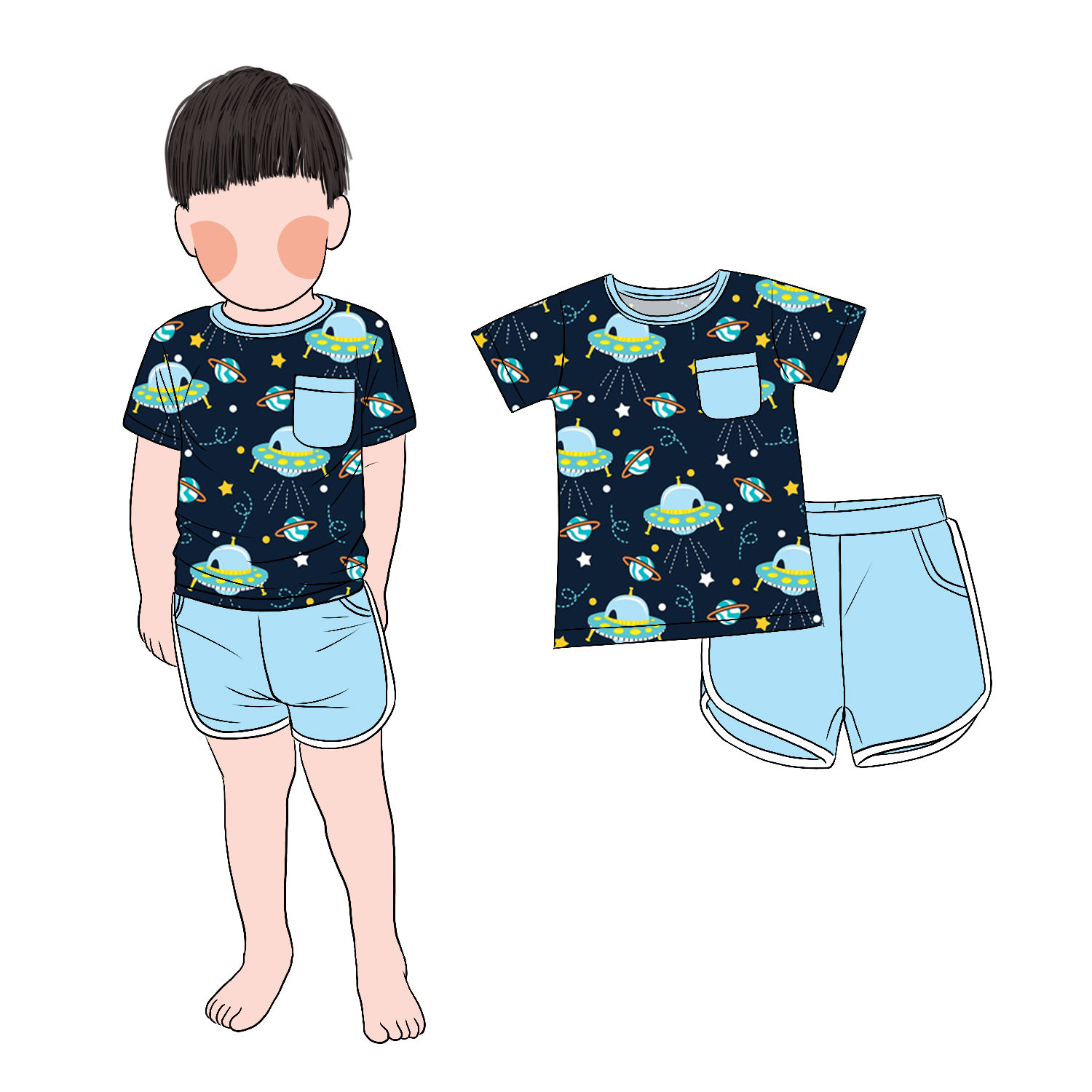 New Design Special Milk Protein Fiber Painting Boy 2pcs Short T Shirt and Pant Set With 2 Side Pockets - Image 5