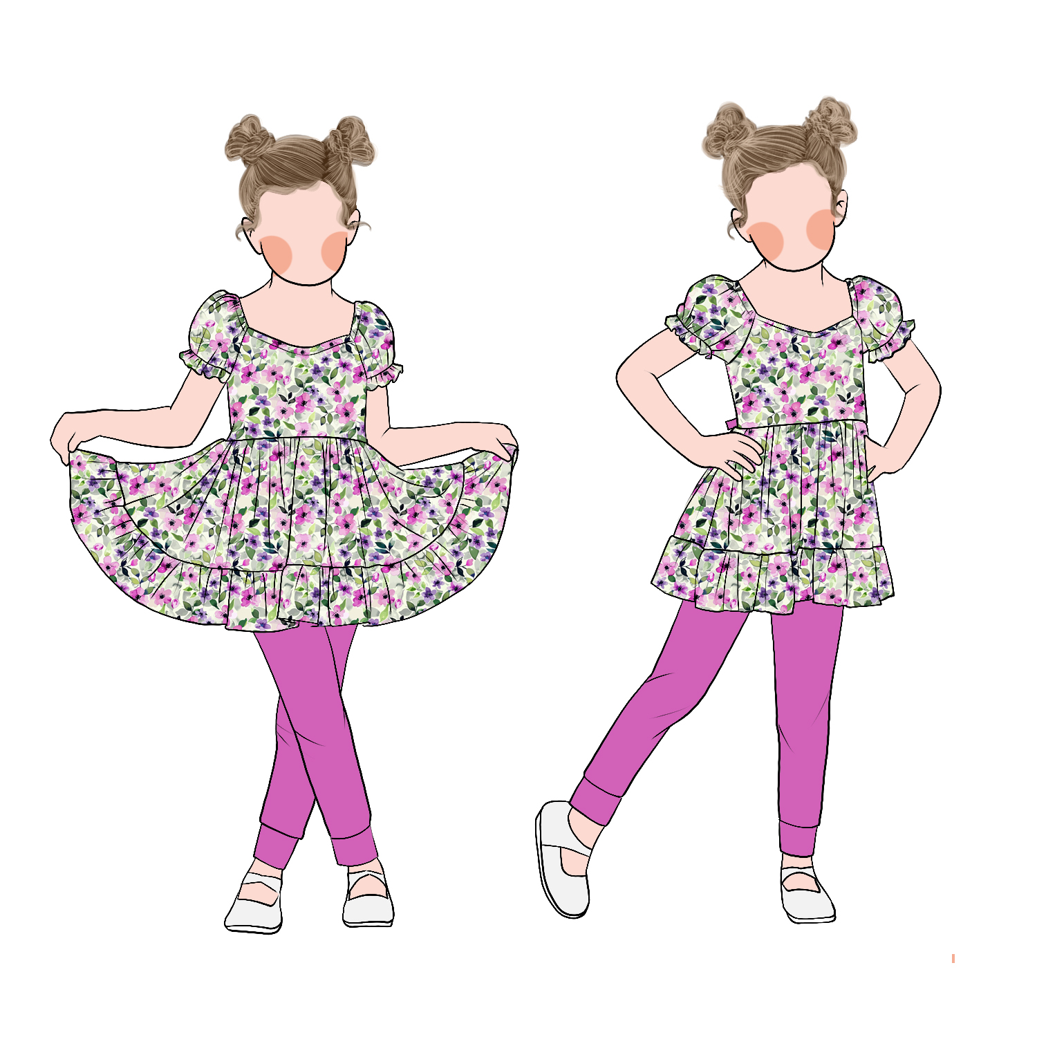 Sweet Candy Style Cute Cartoon Print Summer Floral Puff Sleeves Twirl Dress Matching Solid Leggings - Image 4