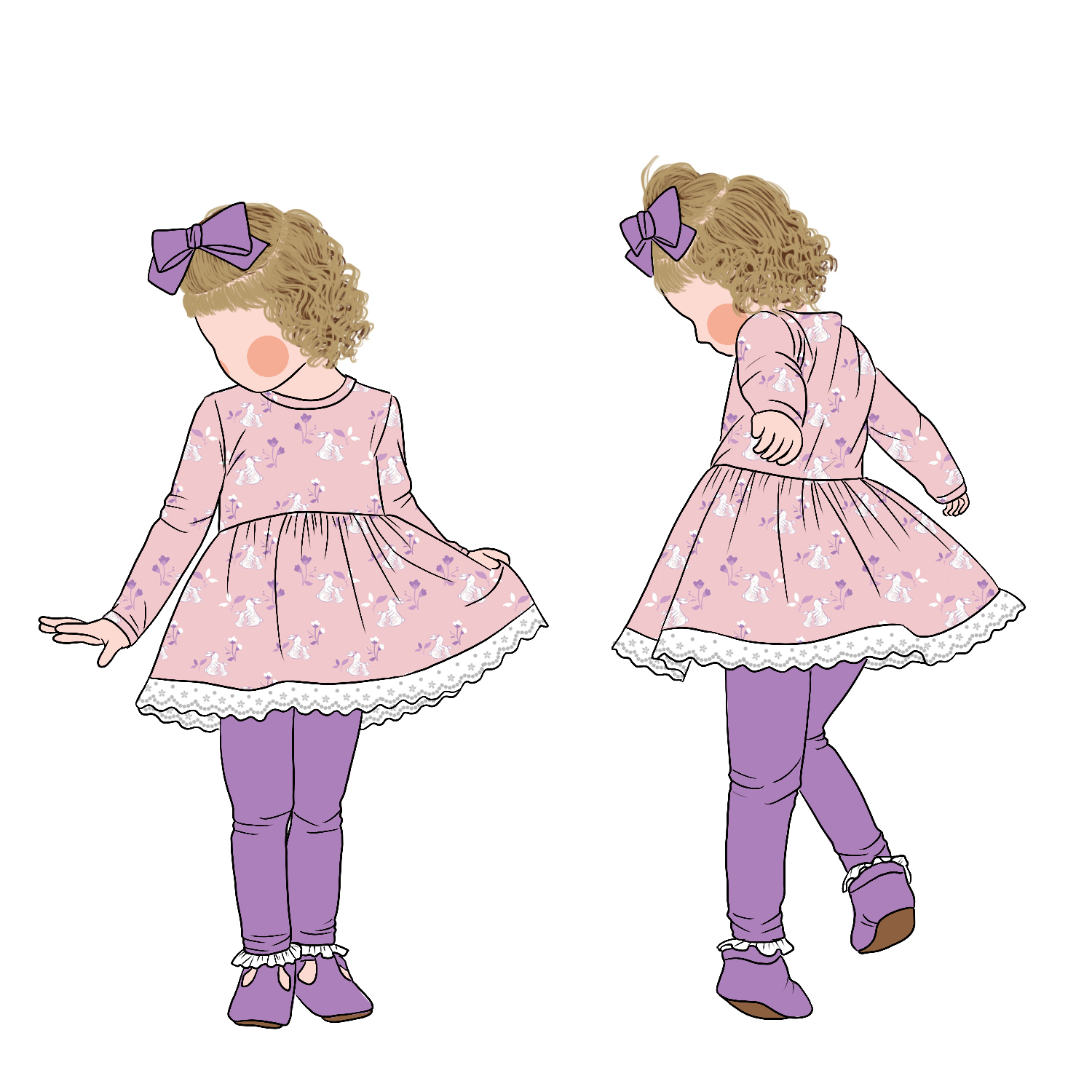 Low Price Sweet Style Long Sleeves Lace Bottom Hemline Lovely Rabbit Print Girl Tunic Dress Set With Leggings - Image 6