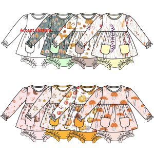 Custom Full Cute Paint Dresses and Pants Set New Design Long Sleeve Dresses With Pocket Front