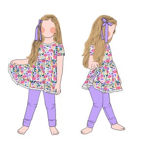 New Arrival Low Price Custom Pattern Printed Milk Protein Fiber Solid Color Leggings Ruffle Skirt Peplum Top 2pc Set