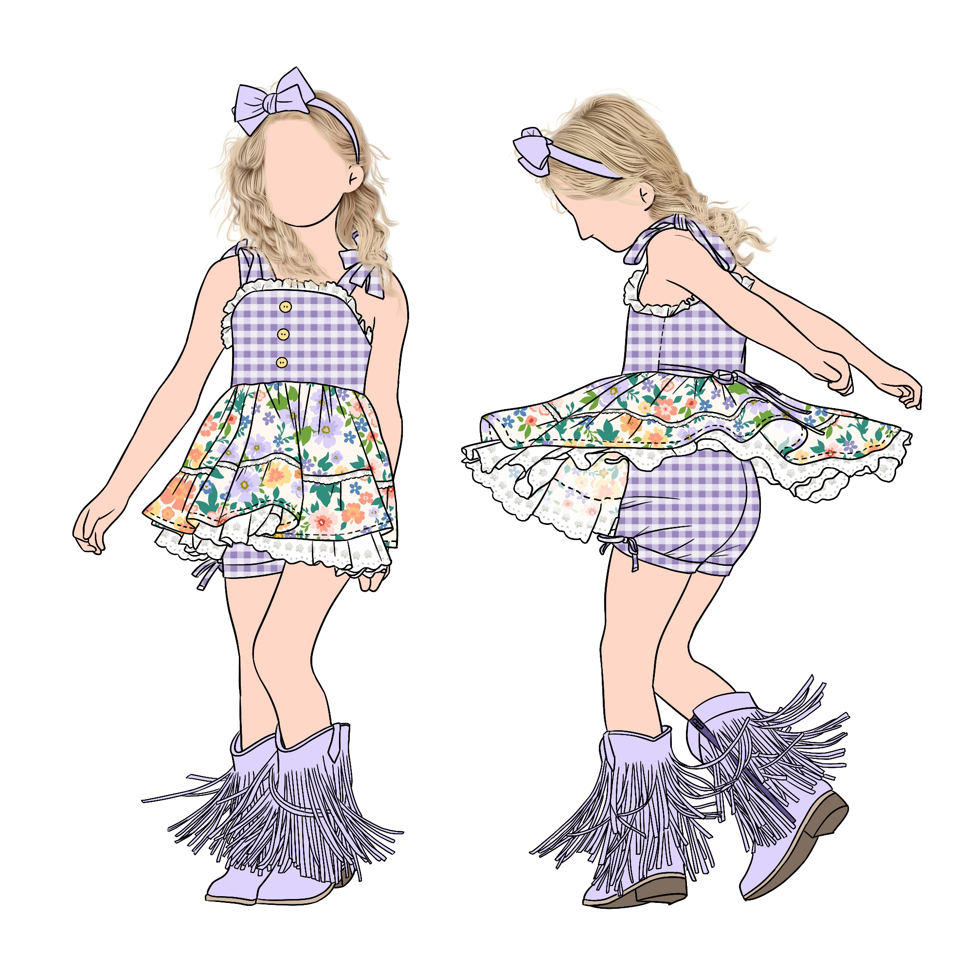 Custom Fashion Boutique Summer Girls Lace Trim Tunic Set With Plaid Shorts for Children and Kids - Image 6