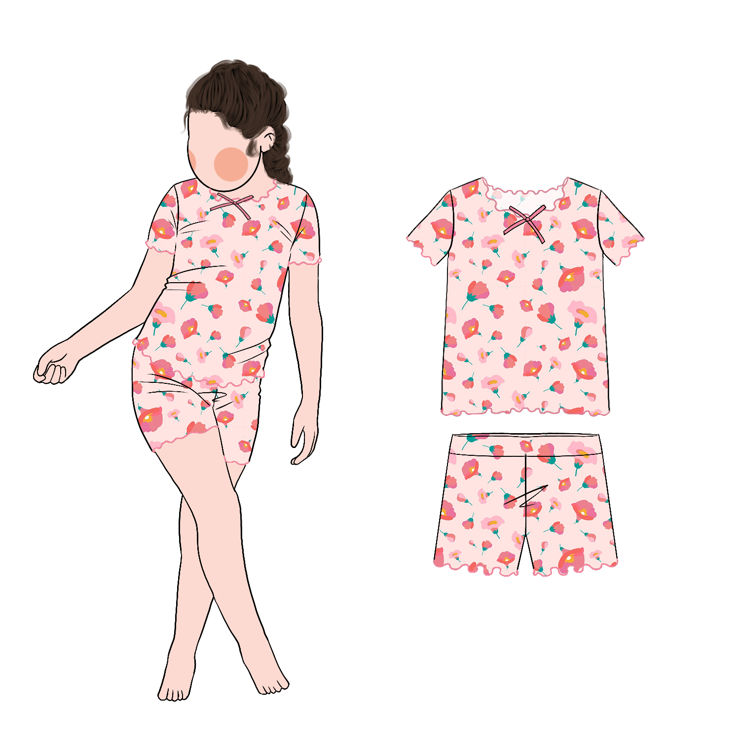 New Model Little Girls Floral Overlocked Edge 2pc Set Short Sleeves and Shorts 2 Piece Summer Clothing - Image 4