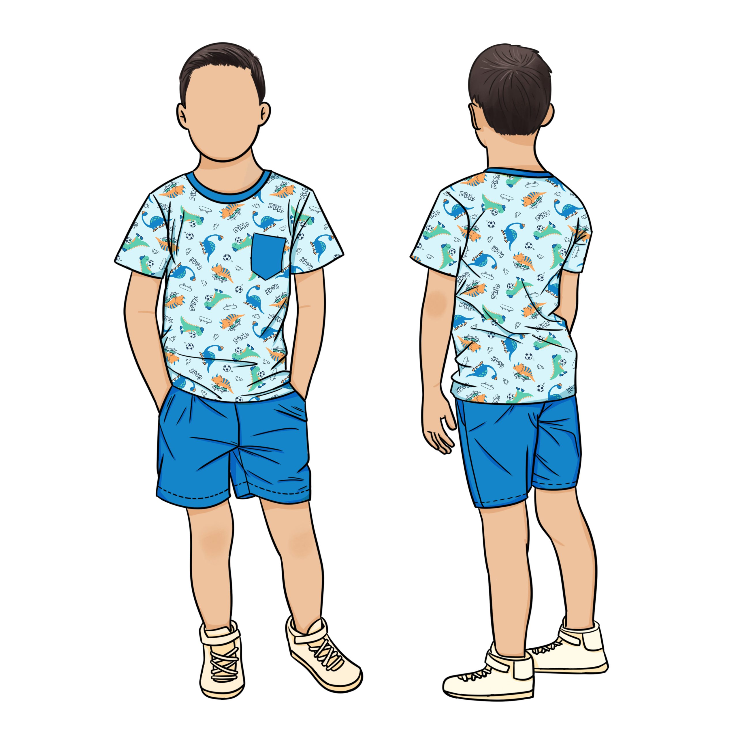 Hot Selling 2pcs Boys Clothing Sets Summer Sports Printed Front 2 Pocket Cartoon Pattern Short Sleeve T Shirt Pant Set for Kids - Image 3