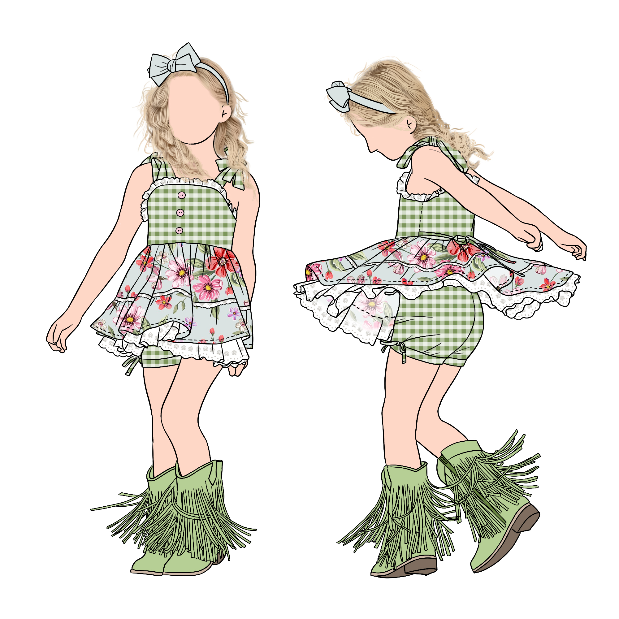 Custom Fashion Boutique Summer Girls Lace Trim Tunic Set With Plaid Shorts for Children and Kids - Image 5