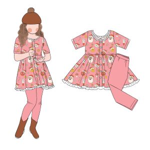 Wholesale Spring New Arrivals Girls Short Sleeves Peplum Bodice Top with Lace Trim Matching Solid Leggings