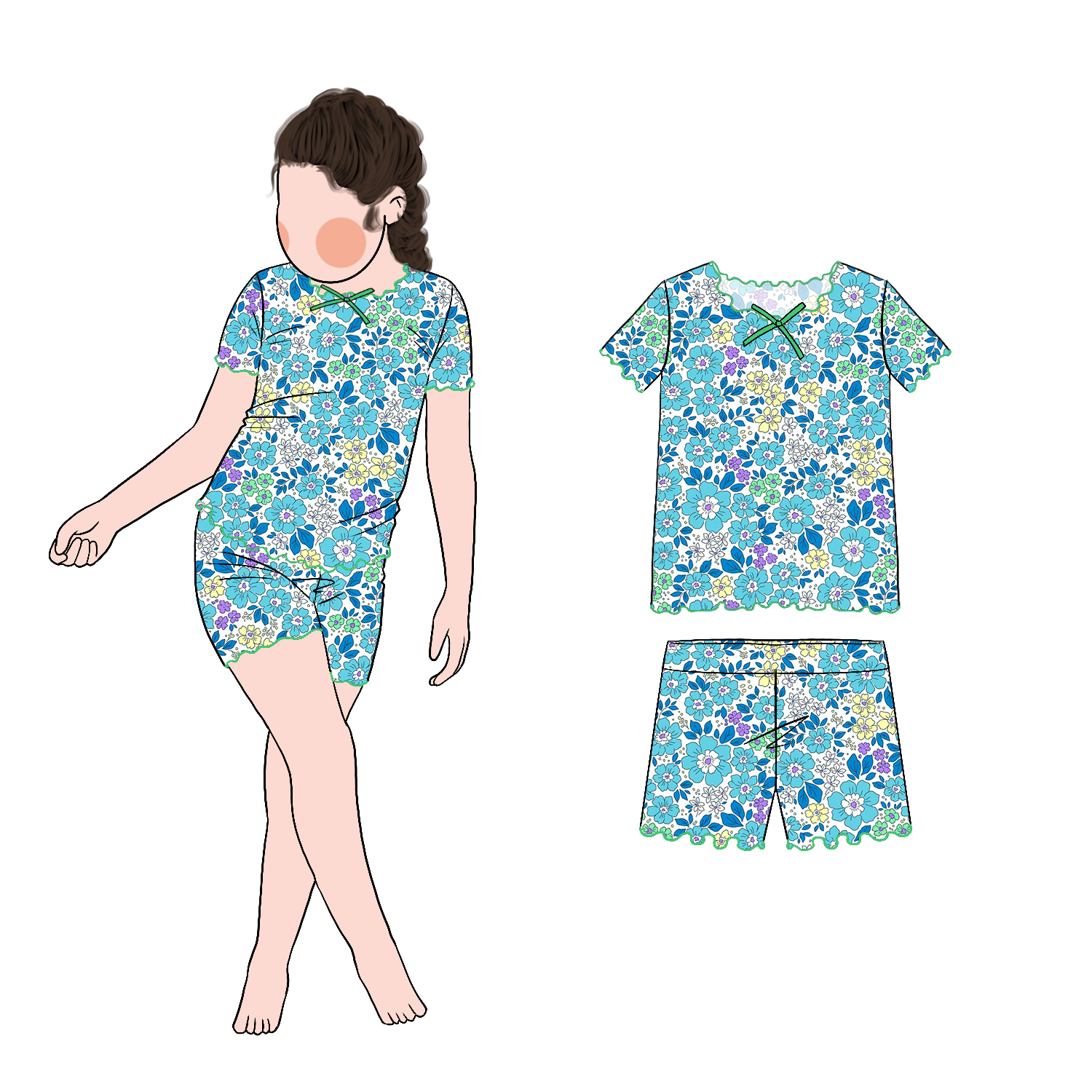 New Model Little Girls Floral Overlocked Edge 2pc Set Short Sleeves and Shorts 2 Piece Summer Clothing