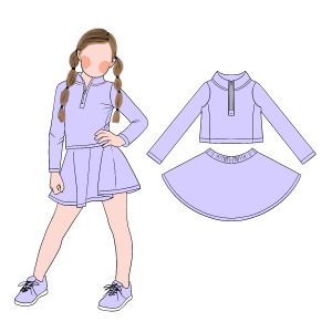 Wholesale Modern Design Girls Solid Color Athletic Comfy Set Long Sleeves Zip-up Top and Flouncy Skirt 2pc Clothing