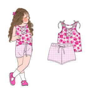 Top Fashion Custom Girls Sweet Style Summer Short Sleeves Floral Ruffle 2pcs Shorts Clothing Set for Children