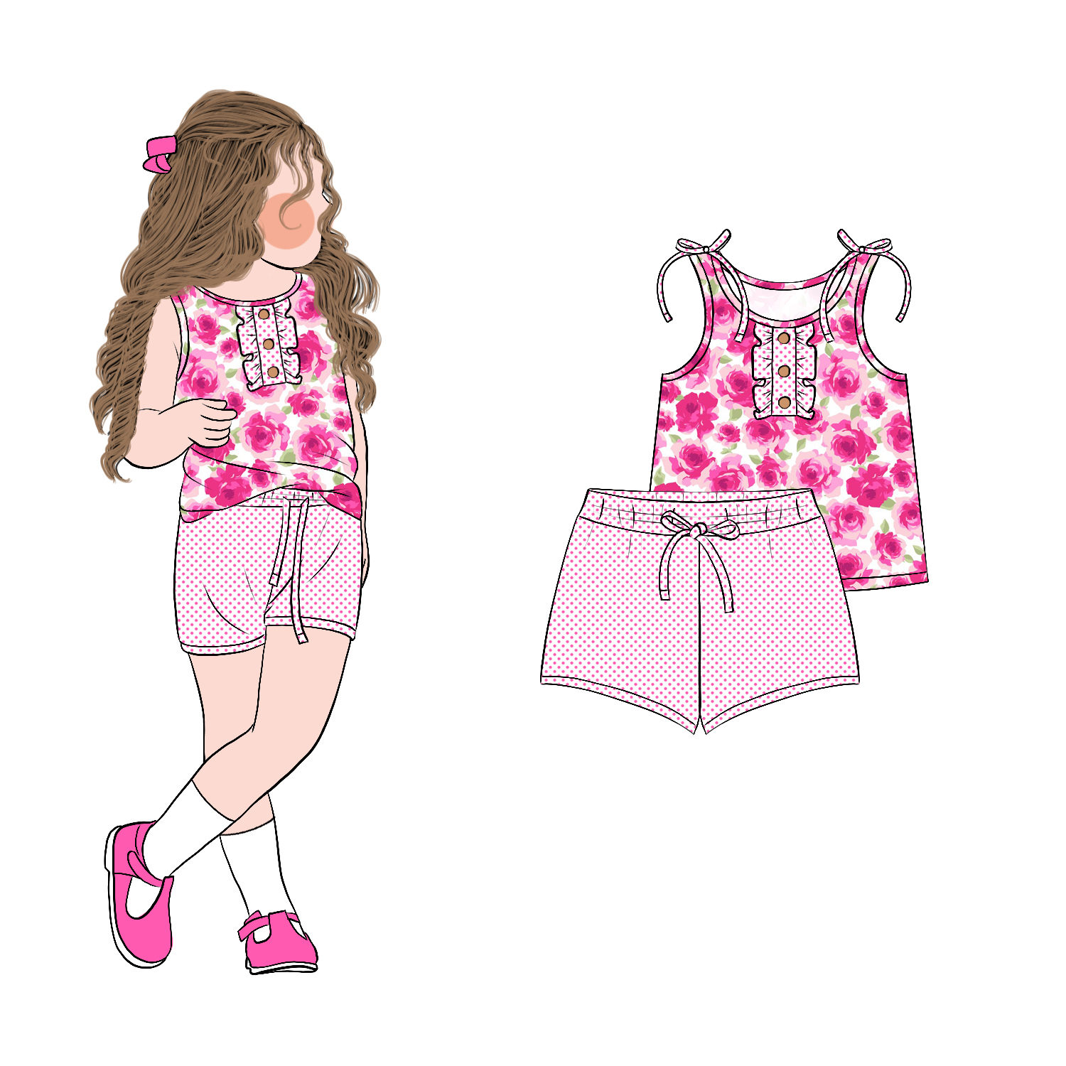 Top Fashion Custom Girls Sweet Style Summer Short Sleeves Floral Ruffle 2pcs Shorts Clothing Set for Children