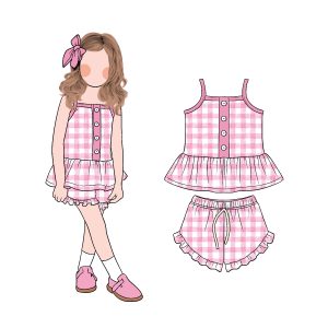 High Quality Summer Girls Sweet Tank Tops with Ruffled Hem and Drawstring Shorts Girls Two Piece Pink Set Outfit