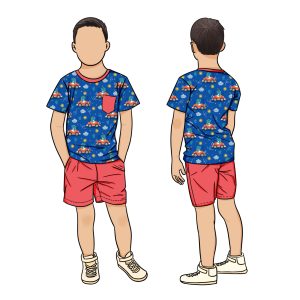 Hot Selling 2pcs Boys Clothing Sets Summer Sports Printed Front 2 Pocket Cartoon Pattern Short Sleeve T Shirt Pant Set for Kids