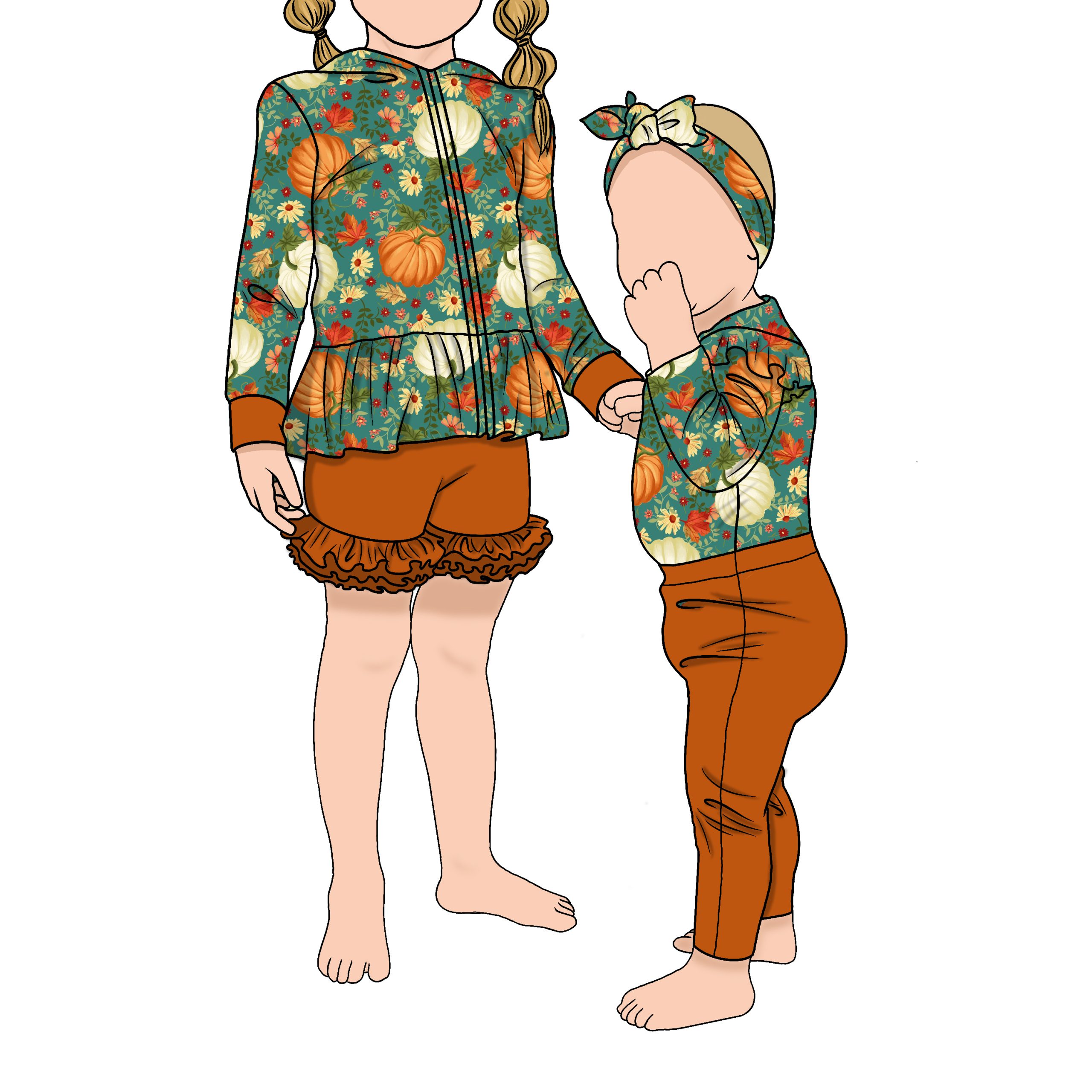 Korean High Quality Soft Brushed Milk Silk 2pcs Cute Girls Zipper Jackets Pumpkin Pattern Long Sleeve Baby Sister Hoodie Set