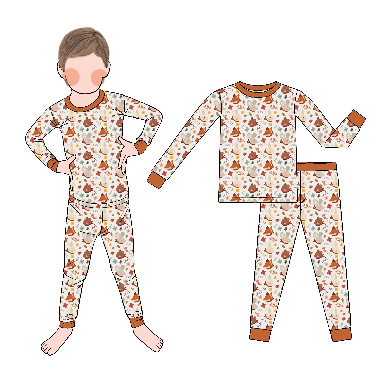 Latest Hot Sale Casual Kids Outfits Boys Bamboo Pajamas with Long Sleeves and Pants Autumn Denim Print Baby Gift Clothing