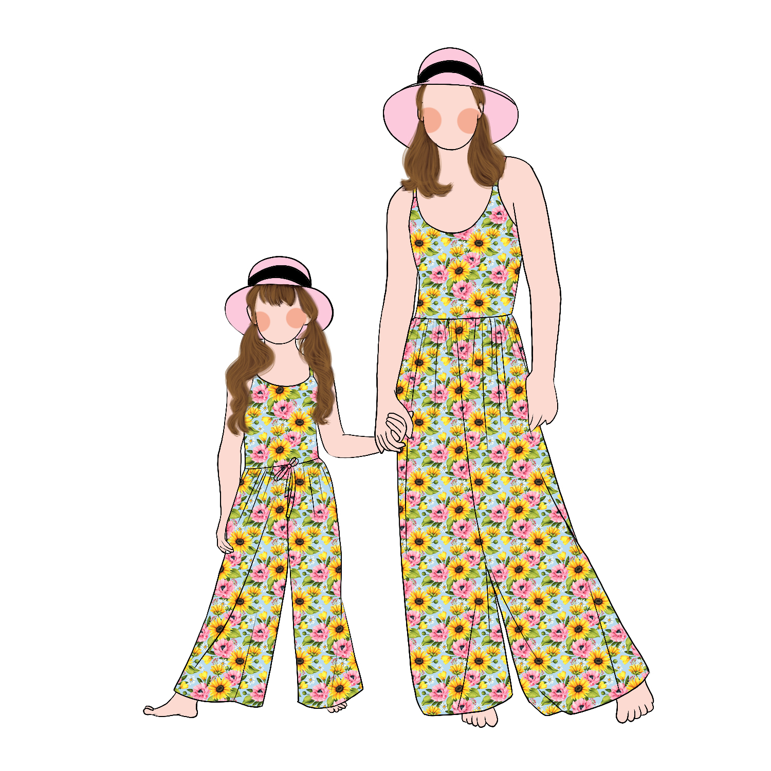 Custom Wholesale Causal Style Flower Printed Sleeveless Mommy and Me Summer Jumpsuit Family Matching Outfits - Image 2