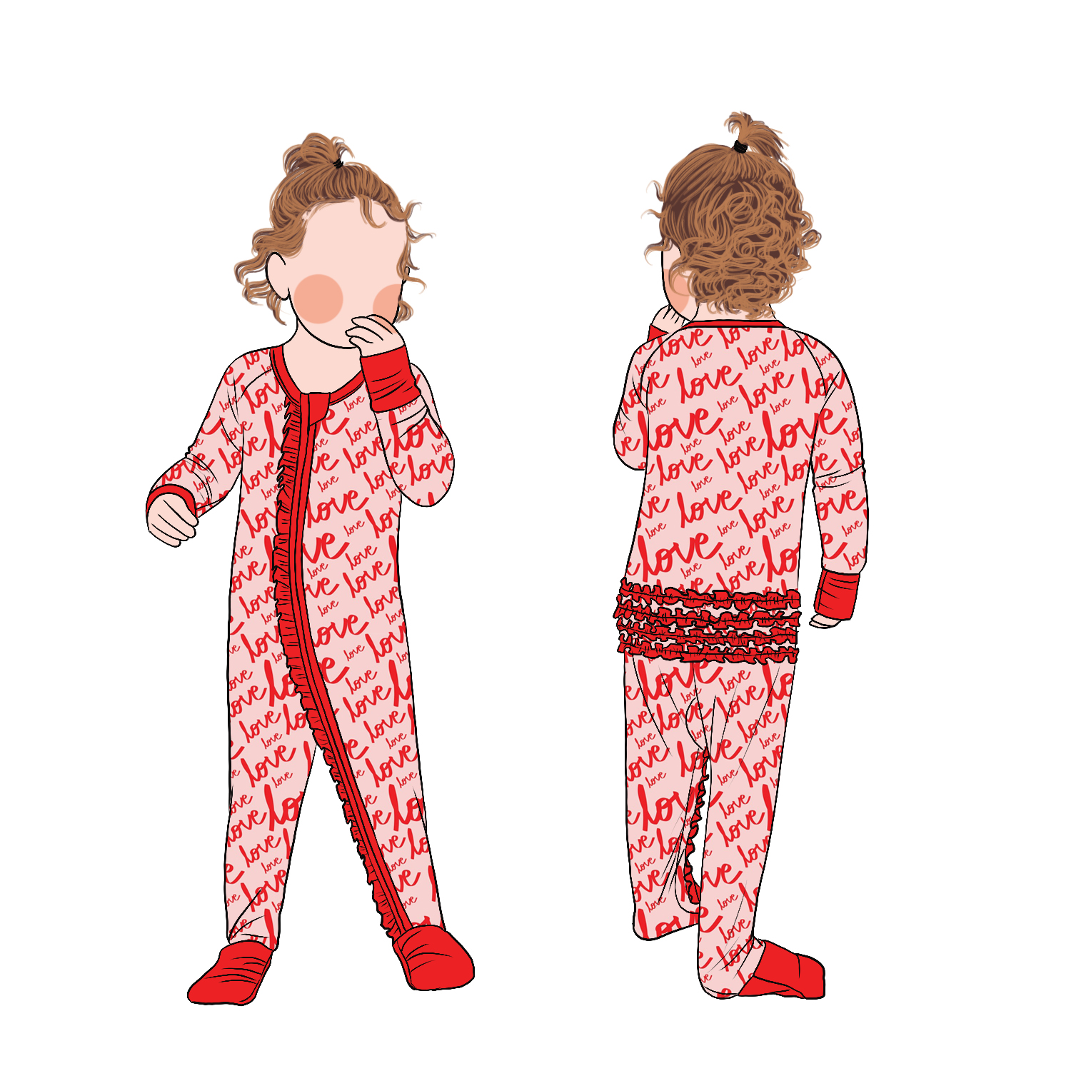 Red Color Heart Printing Bamboo Children Convertible Ruffle Pajamas for Toddler Baby Girls - Image 5
