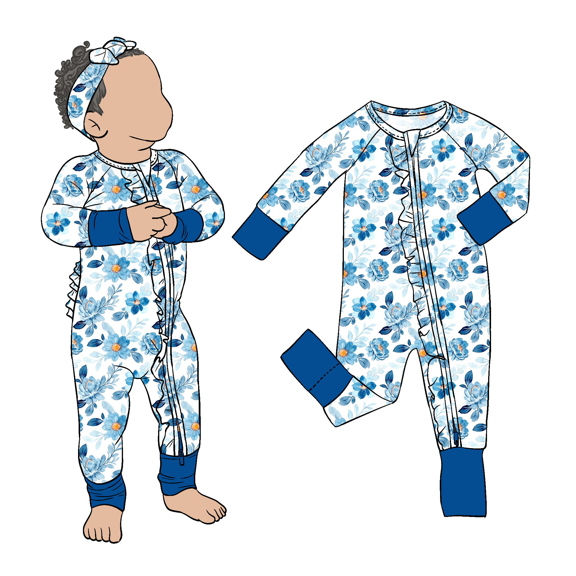 Hot Sale Bamboo Floral Printed Toddler Girl Butt Ruffle Zipper Romper Baby Jumpsuit for Kids and Children - Image 3