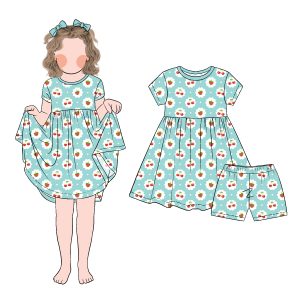 New Model Fashion Design Custom Cherry Printed Pattern Cool Girl Short Sleeve Dress with Biker Shorts Set