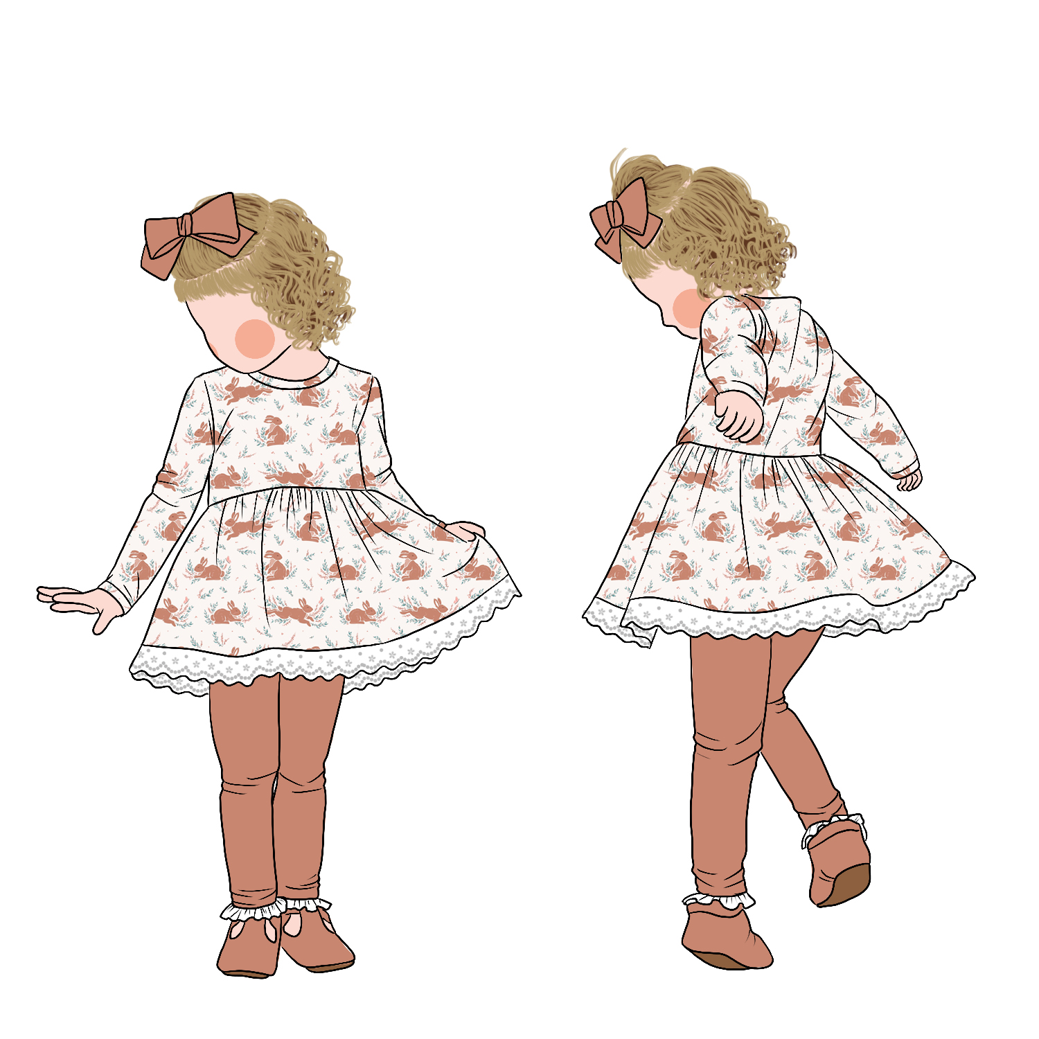 High Quality Sweet Style Long Sleeves Lace Bottom Hemline Lovely Rabbit Print Girl Tunic Dress Set - Image 6